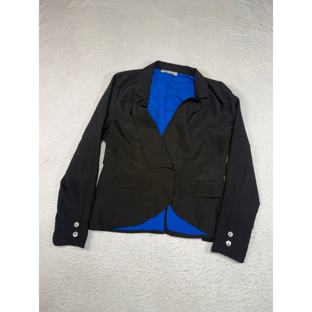 Olive & Oak Womens Black Open Front Blazer Blue Lining Size Large Notch Lapel